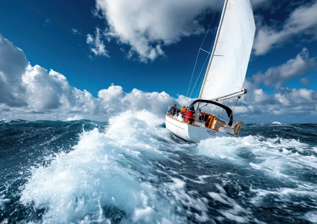 Bateau et son équipage naviguant sur une mer agitée