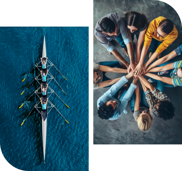 Equipe faisant de l’aviron et équipe qui se tient la main