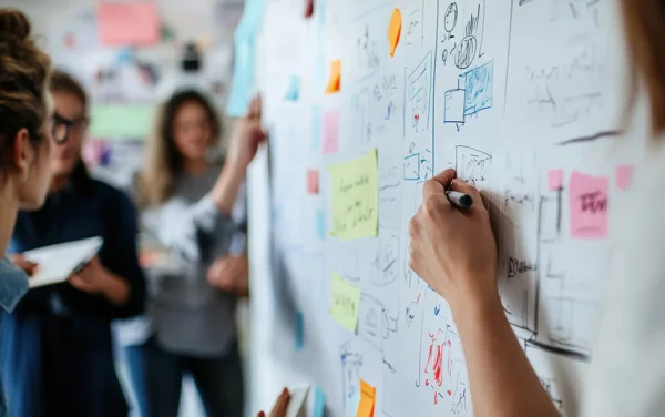 Groupe de personnes travaillant sur un tableau avec des post-it